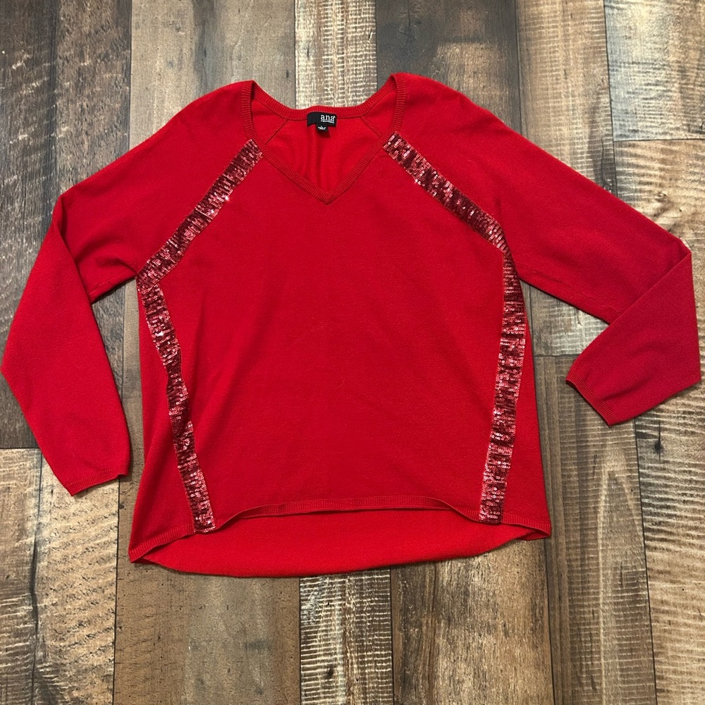 Red a.n.a Brand V-Neck Sweater with Sequin Accents